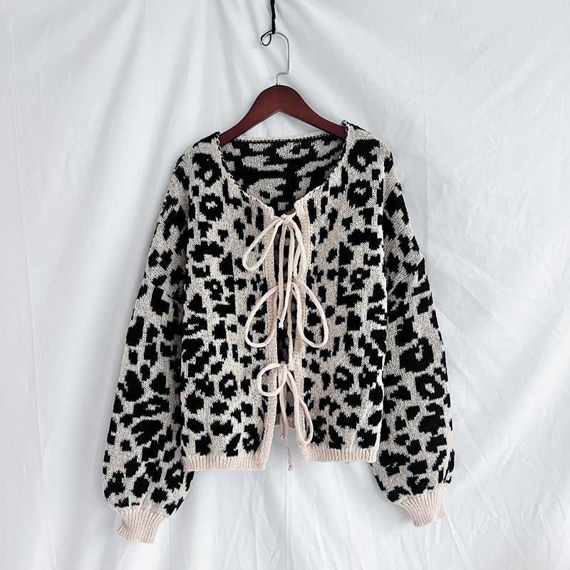 New In Leopard Print Round Neck Lace-up Knitted Cardigan Women Autumn Winter Trendy Streetwear Sweater Coats