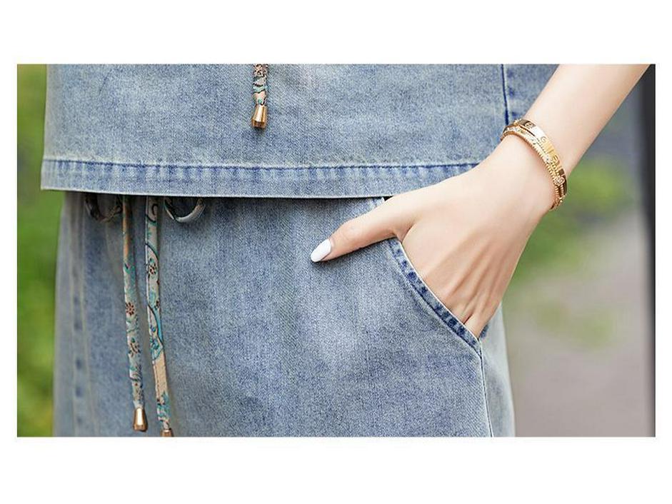 Conjunto de Saia Jeans com Capuz Bordada Chinesa Retrô para Mulheres - Verão 2026