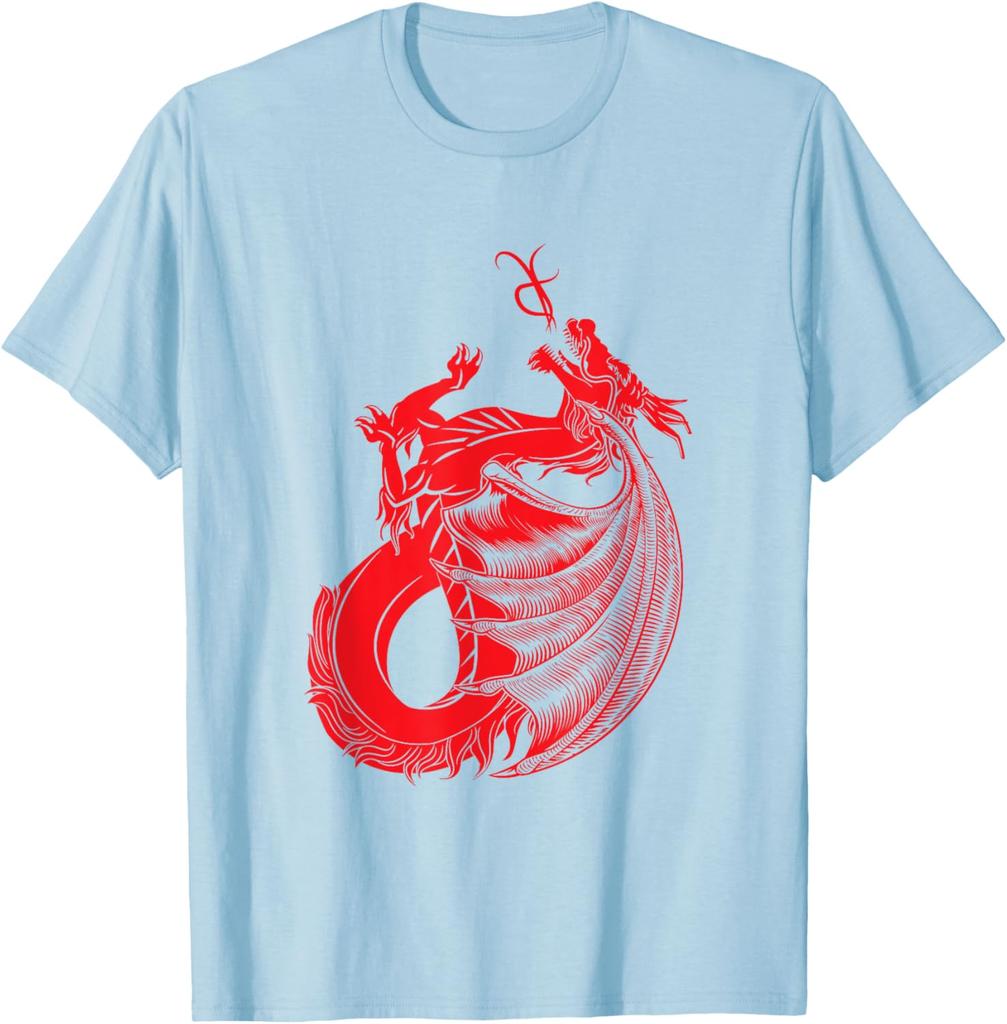 Red Mythical Dragon Graphic Print Cotton Crew Neck TShirt Casual Short Sleeve Tee for Men