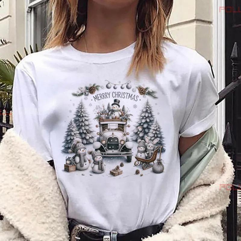 

Cute Merry Christmas Rabbit Snowman Women Clothing Y2k Tshirts White Casual Graphic T Shirts Christmas Tree Tshirt S