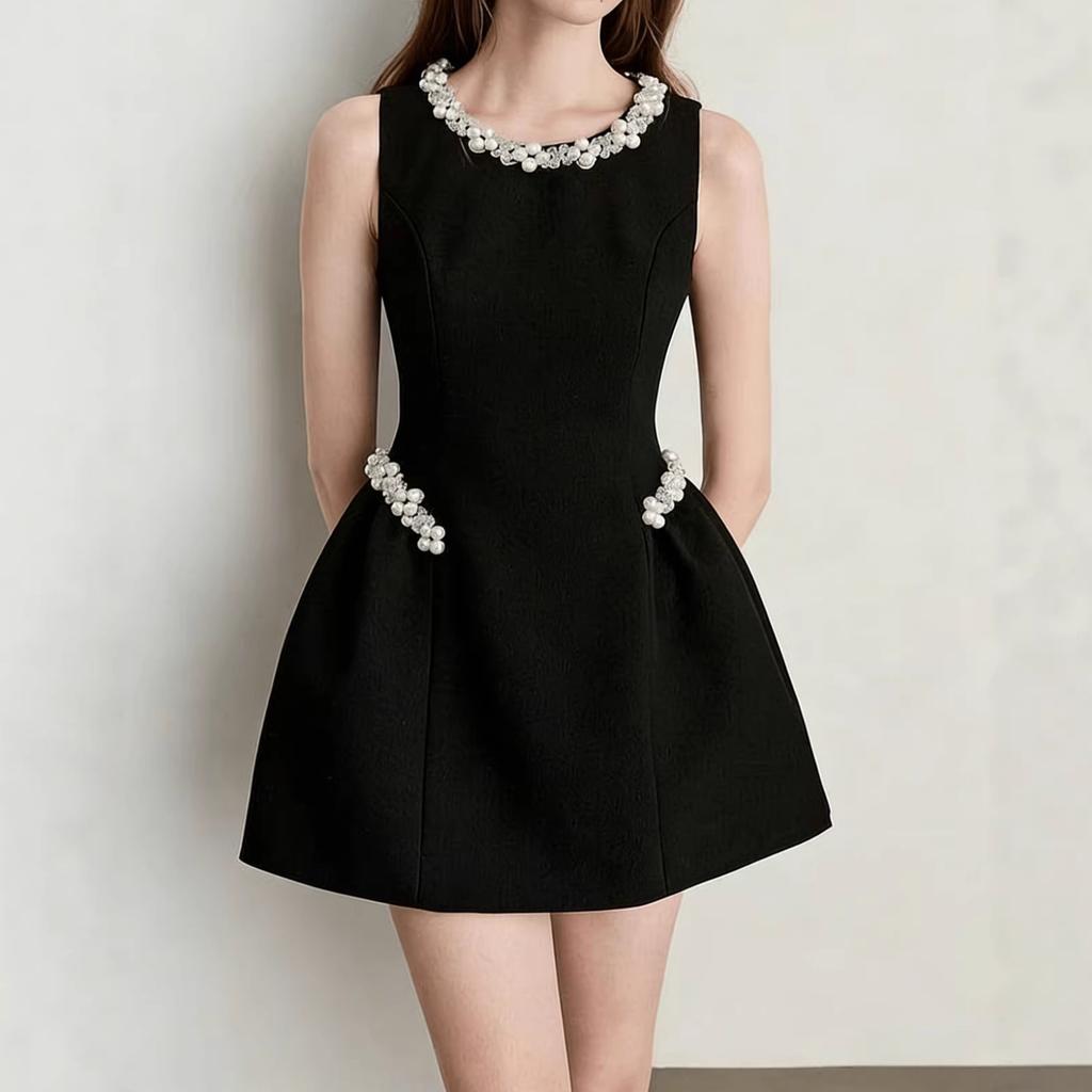 2026 New Court Style Black Round Neck Sleeveless Nail Drill Waist Dress Women's Heavy Industry Nail Bead Party Tent