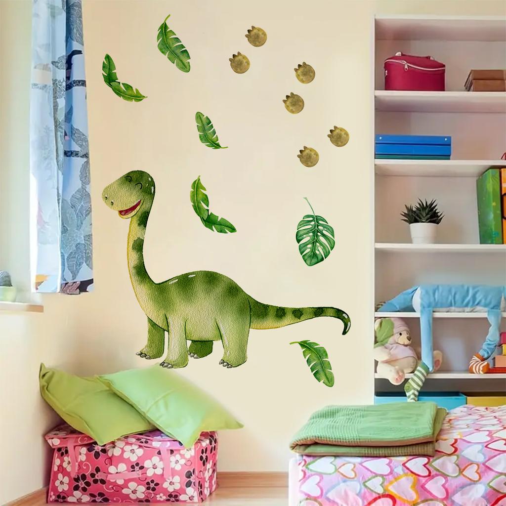 Cartoon Dinosaur Green Leaves Wall Sticker Kids Room Bedroom Wall Decoration Cute Self-Adhesive Wall Art