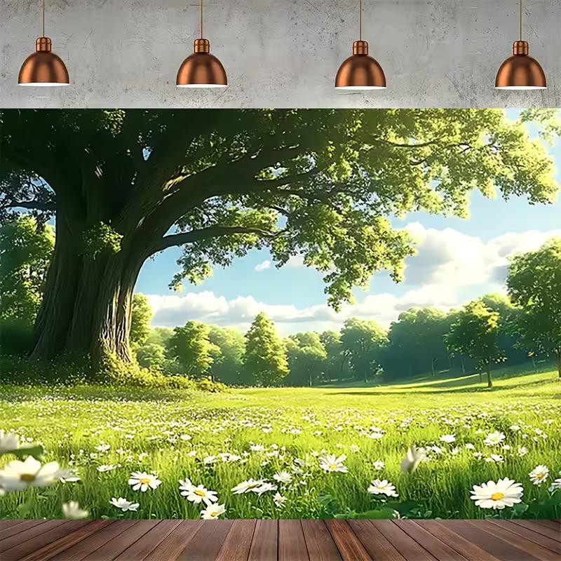 2D Nature Meadow Backdrop Cloth Green Oak Tree White Daisy Photography Background