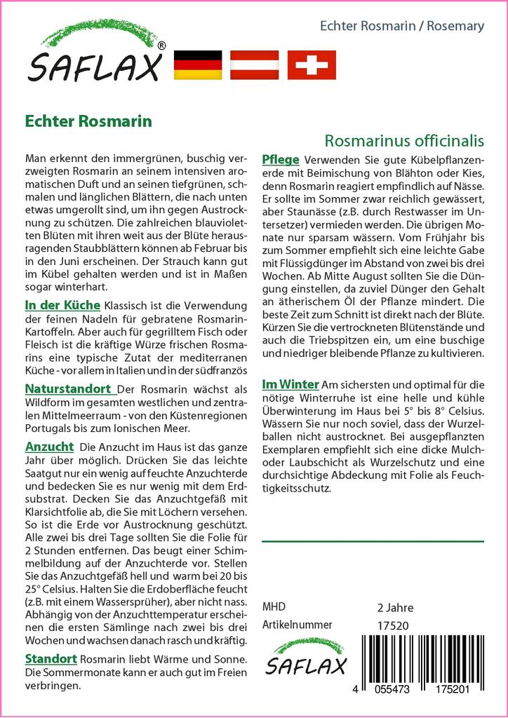 SAFLAX Zahrada v sáčku - Rozmarýn - 100 semen - Se substrátem ve vhodném stojacím sáčku - Rosmarinus officinalis