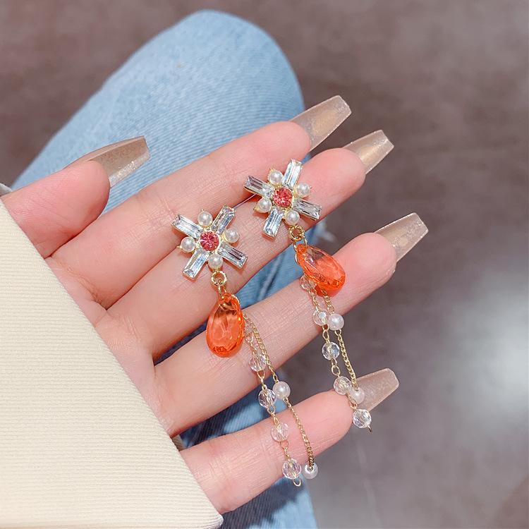 Silver needle baroque earrings for women, orange crystal water drop earrings, long fringed earrings. 925 silver needle