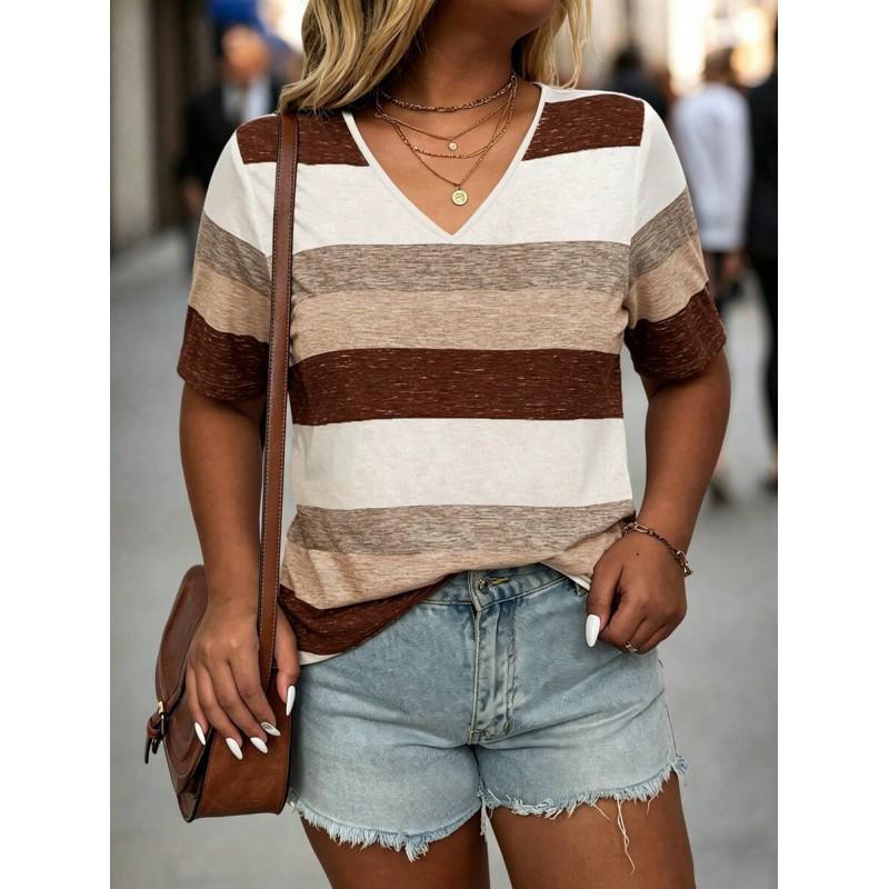 Womens V-Neck Short Sleeve Loose Fit T-Shirt With Floral Lake Scene Cartoon Bun Girl Print 2025 Casual Top