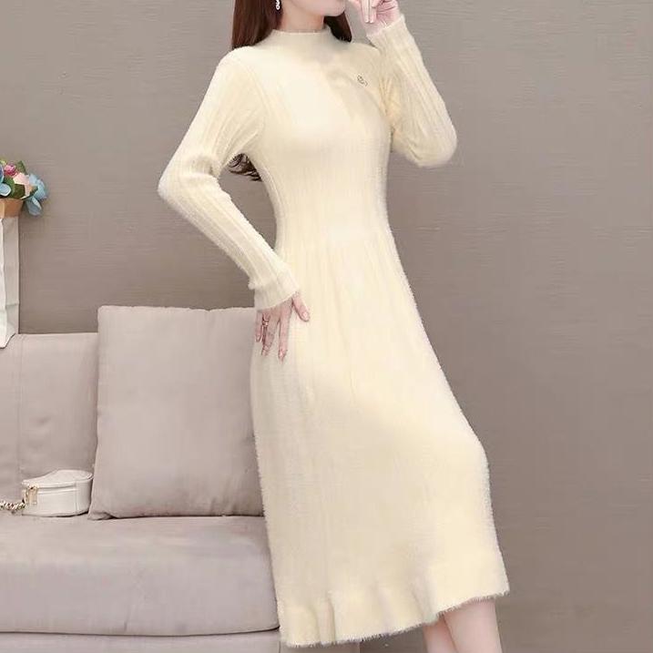 Long Knitted Dress for Women Autumn Solid-color Sweater Dress Imitating Mink Fur Cinched Waist and Trendy Solid-color Long-sleeved Knitted Sweater