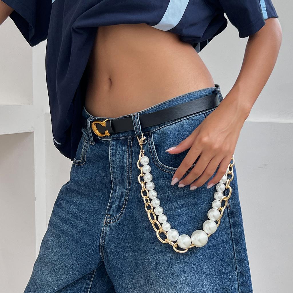 Exaggerated Style Imitation Pearl Beaded Jeans Chain Women, Fashionable Metal Thick Chain Waist Chain Pendant
