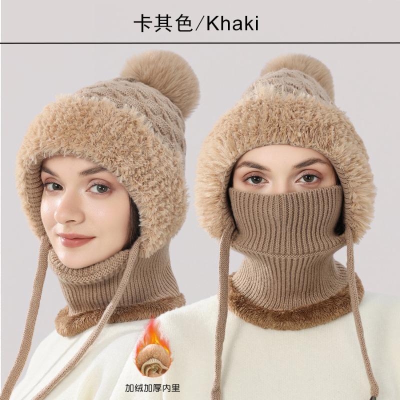Knitted hat women's winter one-piece scarf wool hat outdoor cycling windproof plush thickened one-piece hat