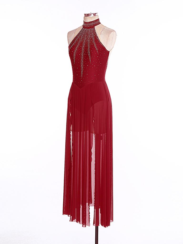 Damen Modern Lyrical Dance Dress Ärmellos Split Sheer Mesh Ballet Gymnastik Trikotkleid Zeitgenössische Performance Dancewear