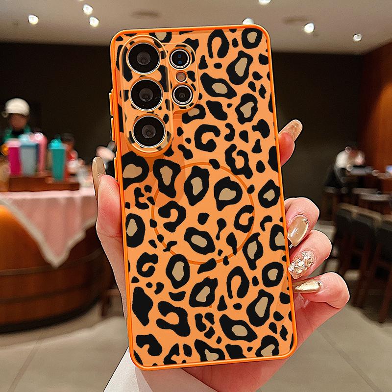Magnetic For Magsafe Case For Samsung Galaxy S26 Ultra S25 Edge S24 Plus S23 FE S22 A54 A55 A56 5G Yellow Leopard Print Matte Cover
