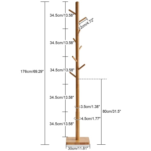 YMYNY Wooden Rubberwood Pole Hanger with Stable Square Base, Three Height Adjustments, 8 Hooks, Easy Assembly, Compact Design for Hats, Bags, and Clot