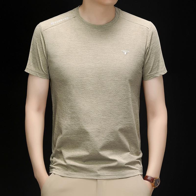 Men's Stretchy Breathable Ice Silk Short-Sleeve T-Shirt - Round Neck, Solid Color, Versatile Casual Base Layer for Summer.