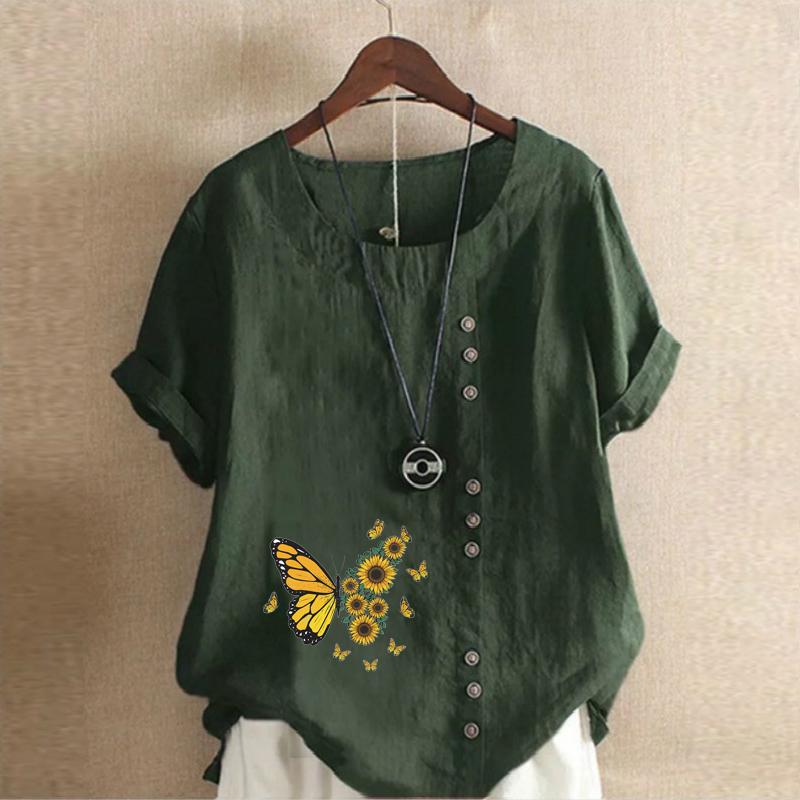 Women's Fashion Butterfly Prined Short Sleeve T-shirt Loose Cotton Shirt Casual Loose Summer Blouse Tops Plus Size
