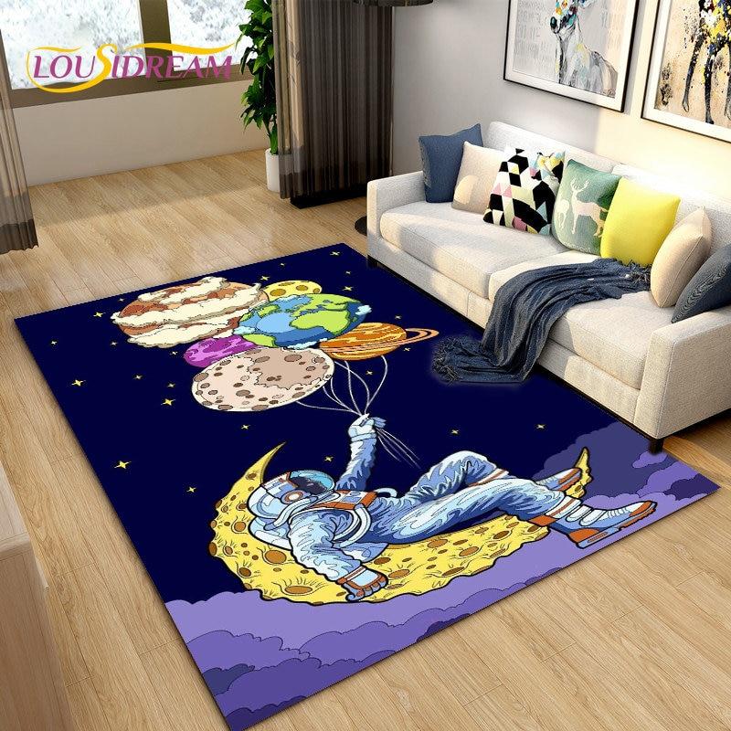 Alfombra de área espacial de astronauta de dibujos animados, alfombra para sala de estar, decoración de habitación de niños, alfombra suave antideslizante para jugar a gatear