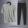 Men's Ice Silk Casual Sports Outdoor Loose Two Piece Set Breathable Quick Drying Round Neck T-shirt Pants