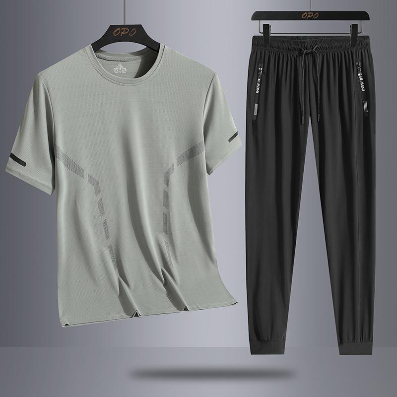 Men's Ice Silk Casual Sports Outdoor Loose Two Piece Set Breathable Quick Drying Round Neck T-shirt Pants