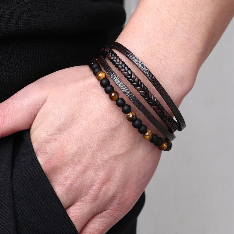 Men's Woven Tiger Eye Magnetic Buckle Bracelet - Natural Stone & PU Leather Retro Design