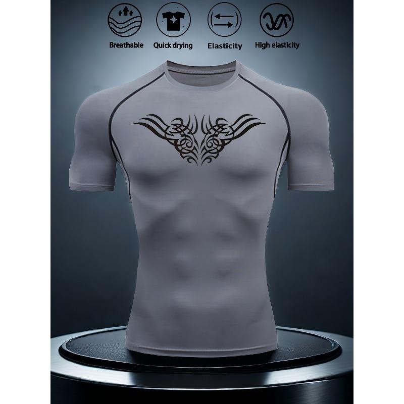 Mens White Compression Short Sleeve T-Shirt Black Tribal Wing Graphic Quick Dry Breathable High Elasticity Gym And Running Athletic Top