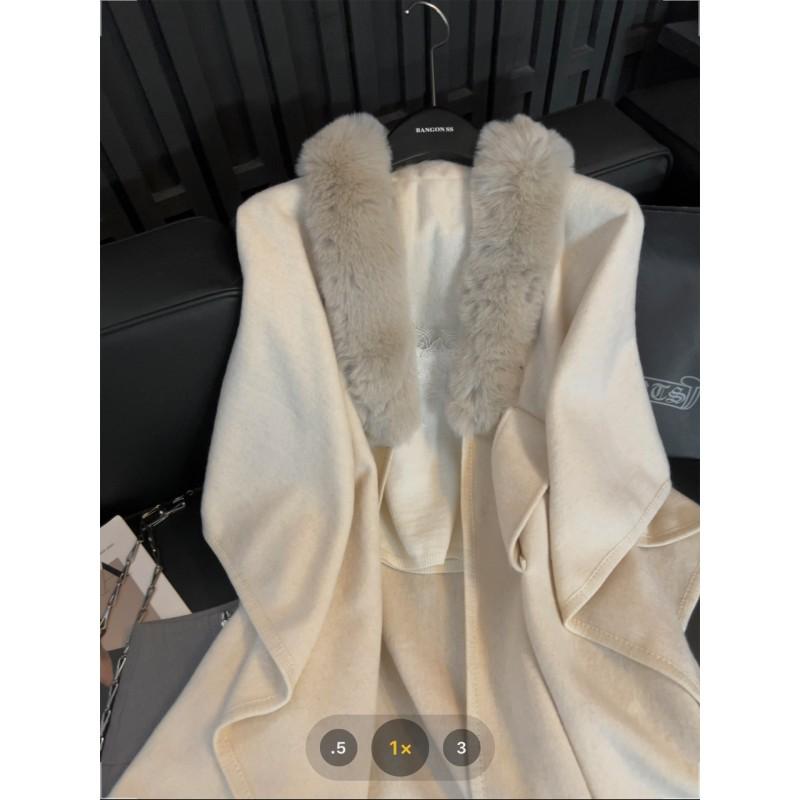 Womens Oversized Knit Cardigan Shawl Cape With Faux Fur Trim Elegant Lady Style Winter