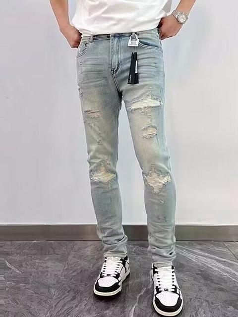 Klasické patchworkové Slim Fit Stretch Hip Hop Oblečení Muž Světle modré Stretch Roztrhané džínové kalhoty Velká velikost