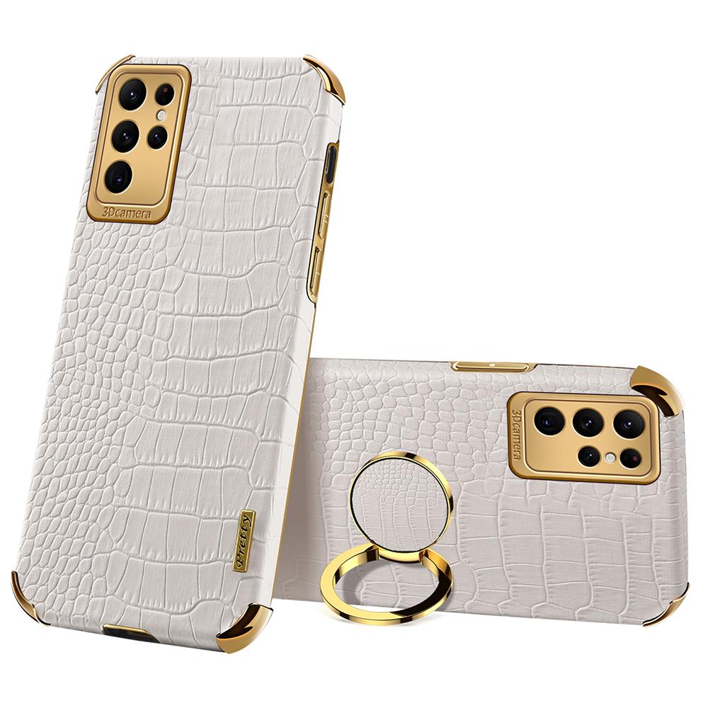 For Samsung Galaxy S24 Ultra Cell Phone Case Crocodile Texture Ring Kickstand Leather+TPU Cover