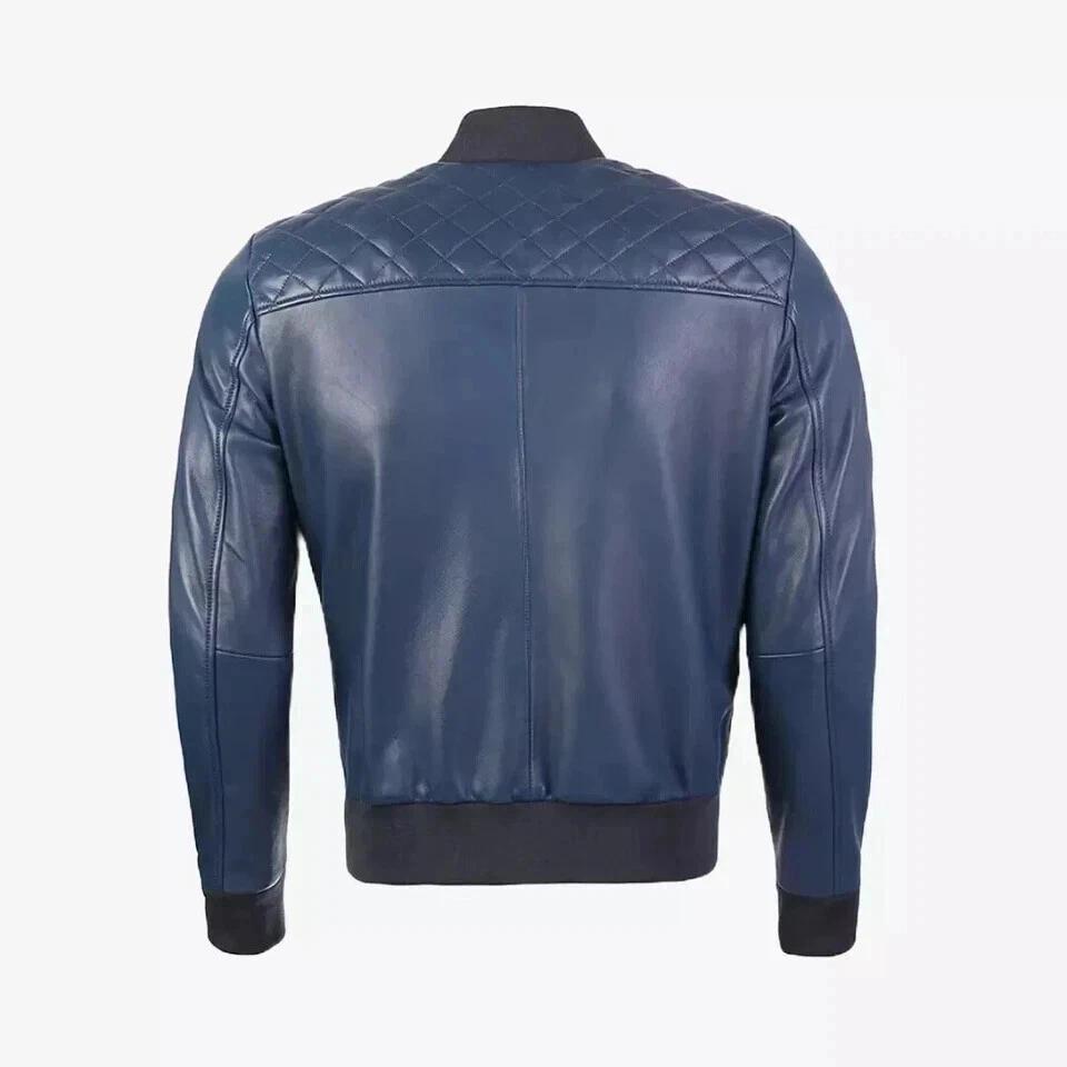 Leather Genuine Men's Bomber Blue Stylish Soft Jacket Handmade Biker Lambskin