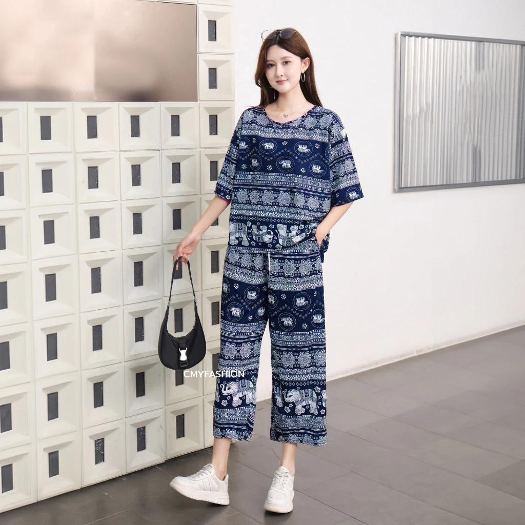 Słoń Spodnie Szorty Koszula Zestaw Okrągły Dekolt Krótki Rękaw Regulowany Elastyczny Pasek Pasek Kobiety Nadruk Casual Plaża Boho Bohemski Retro Vintage