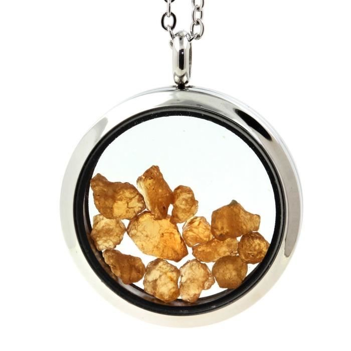 Collier - ABIJOUX - Grenat Spessartite brut - Médaillon 25 mm - Chaine en acier inoxydable - Mixte