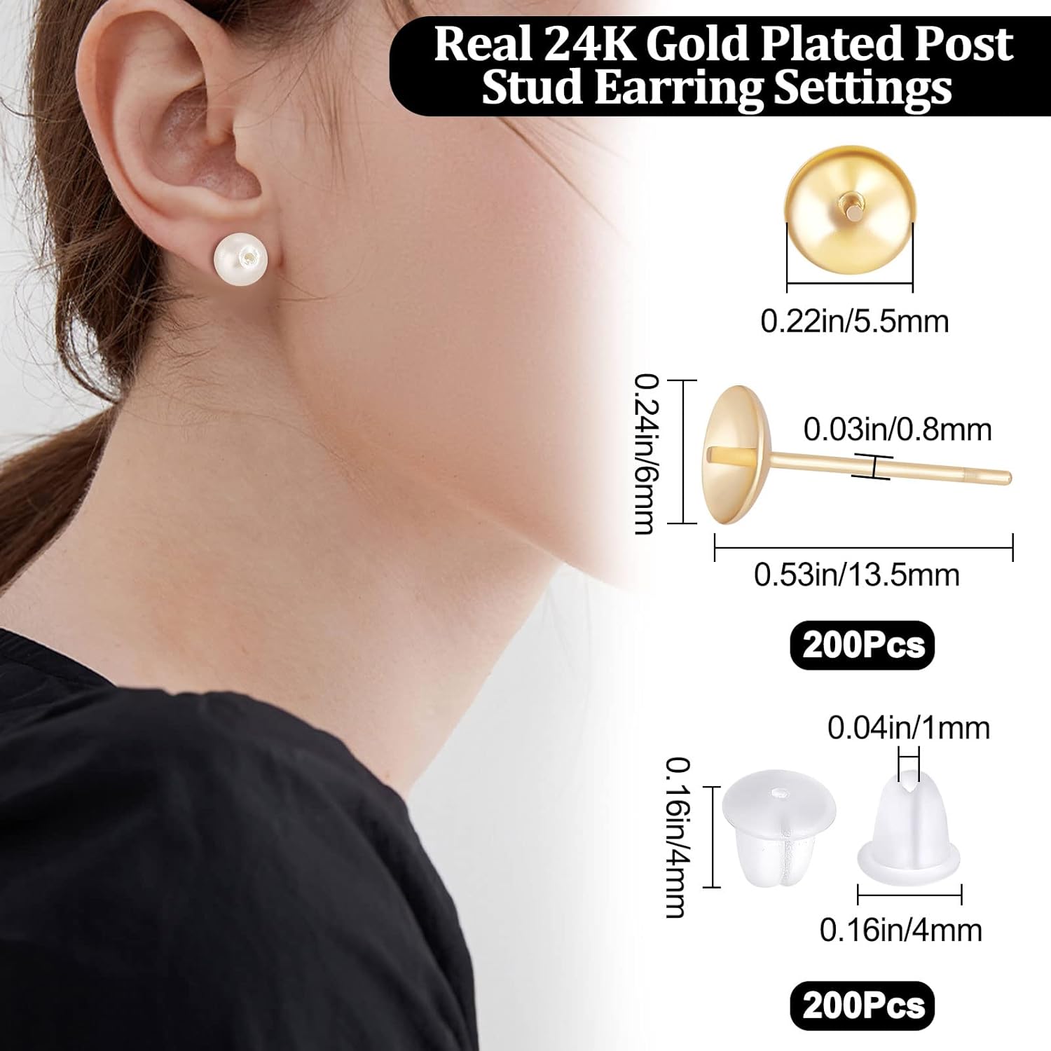 

Beebeecraft 1 Box 200Pcs Pearl Cup Earring Post 24K Gold Plated Stud Earring Findings for Half Drilled Beads with 200Pcs Plastic Ear Nuts Pin 0.8mm