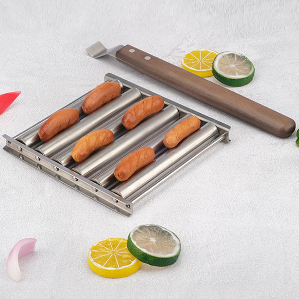 Hot Dog Roller Sausage Roller Rack Stainless Steel Hot Dog Grill Roller with Wooden Handle 5 Hot Dog Capacity Grill Accessories