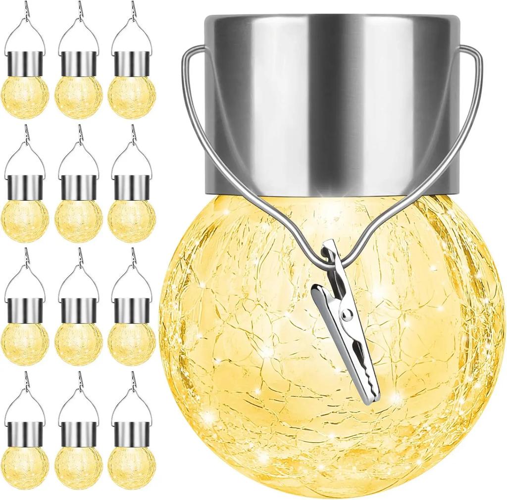 Waterproof Outdoor Hanging Cracked Glass Solar LED Decorative Ball White Light Yard Tree Solar Powered Globe Light Lantern Light