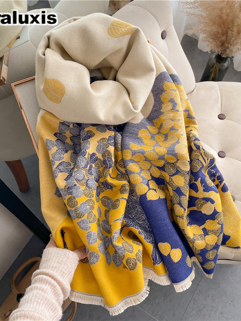 Thick Leaf Scarf for Women, Office Air Conditioning Shawl, Winter Long Length Dual-Use Warm Down Jacket Outerwear