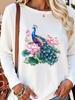 (Asian Size) Lovely Trend Flower  Long Sleeve T Shirt Tee Lady Printed O-neck Women Female Clothing Casual Fashion Top Graphic T-shirts