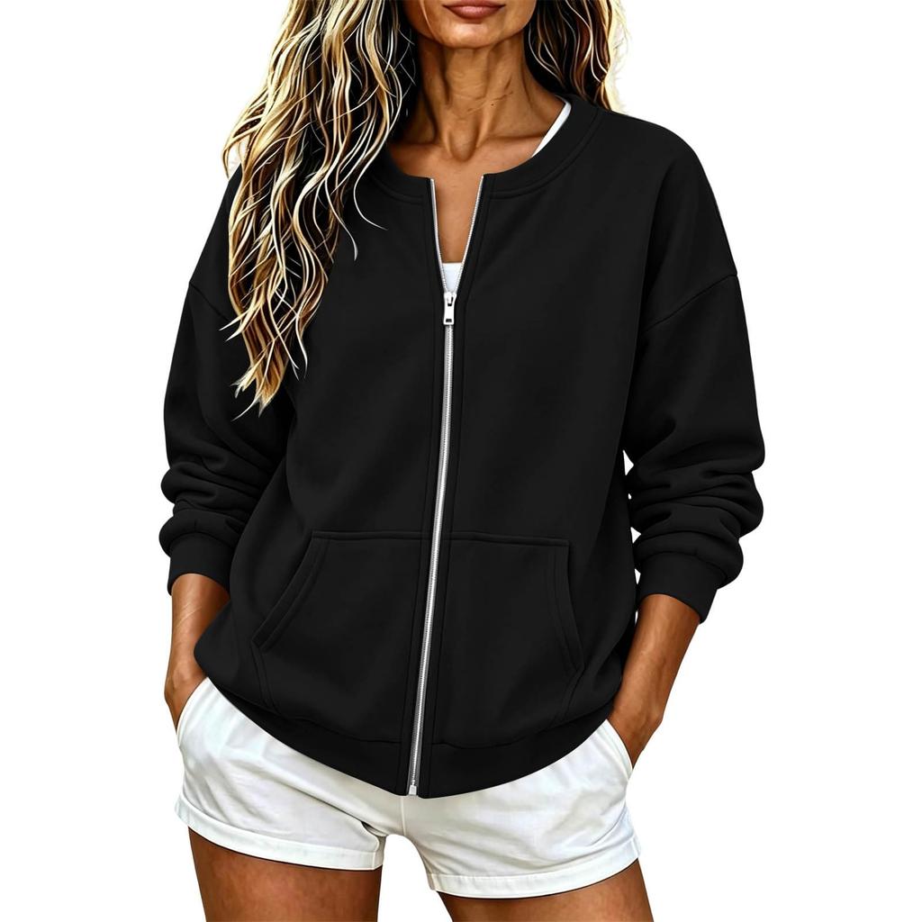 Women's Zip-Up Sweatshirt Casual Loose Fit Stand Collar Long Sleeve Jacket for Everyday Wear