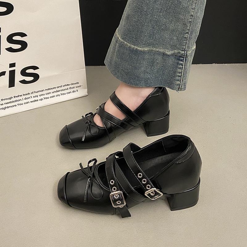 French Style Height-enhancing Silver Bow Design Thick-heeled Lizhen Shoes for Women  2025  New Spring Retro Ballet Pumps