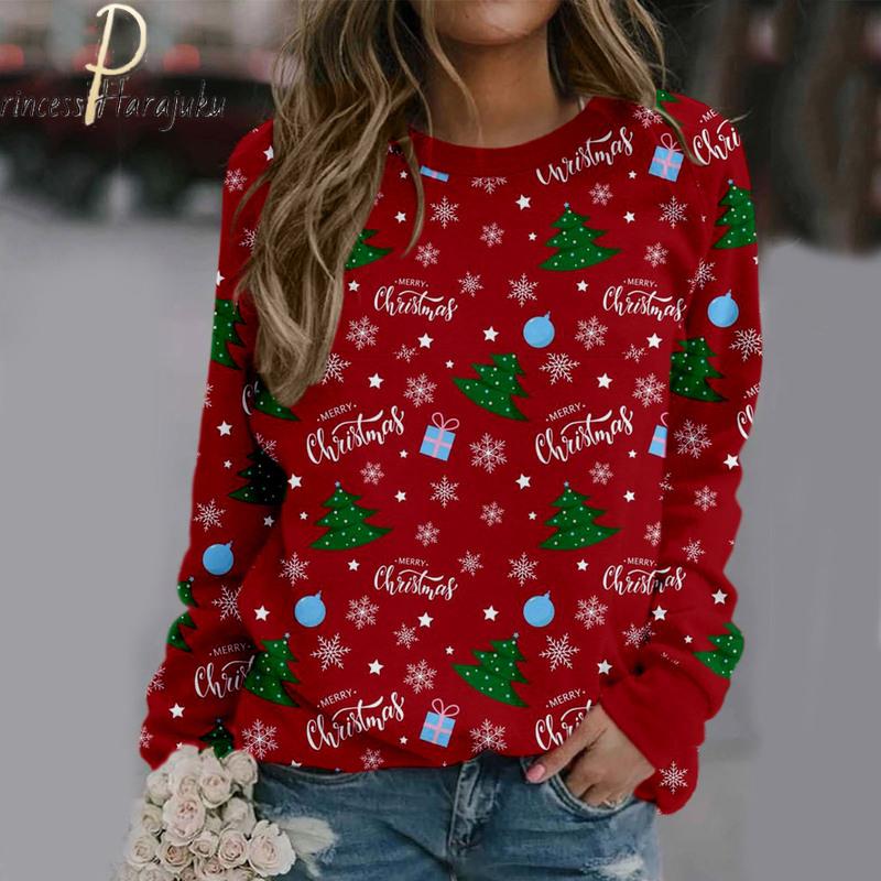 Weihnachtsdruck, langärmelig, lässig, Sweatshirt, Bluse, Pullover, Weihnachten, Strickpullover, Pullover, Top, Pullover, Damen-Sweatshirt