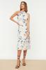 Women's Fashion New Dress Orange Floral Pattern A-Line Halter Neck Lined Midi Woven Dress