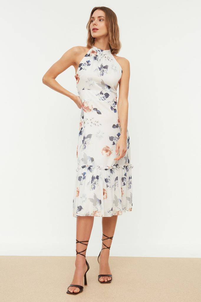 Women's Fashion New Dress Orange Floral Pattern A-Line Halter Neck Lined Midi Woven Dress