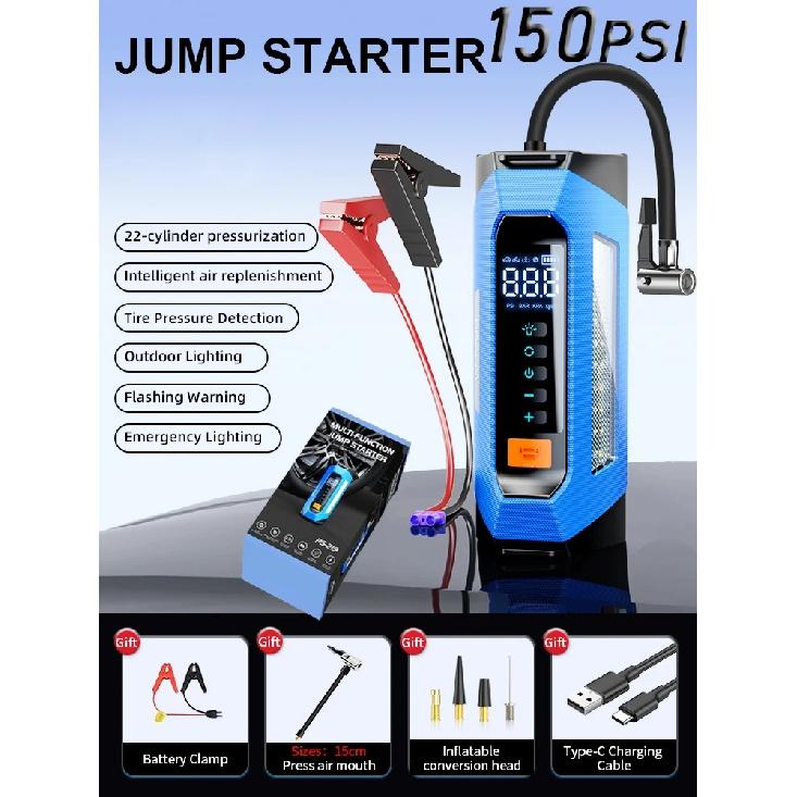 6000A 180psi 5 In1 Car Emergency Battery Pack Light 12v Booster Starting Device Capacitor Compressor Jump Starter With Air Pump
