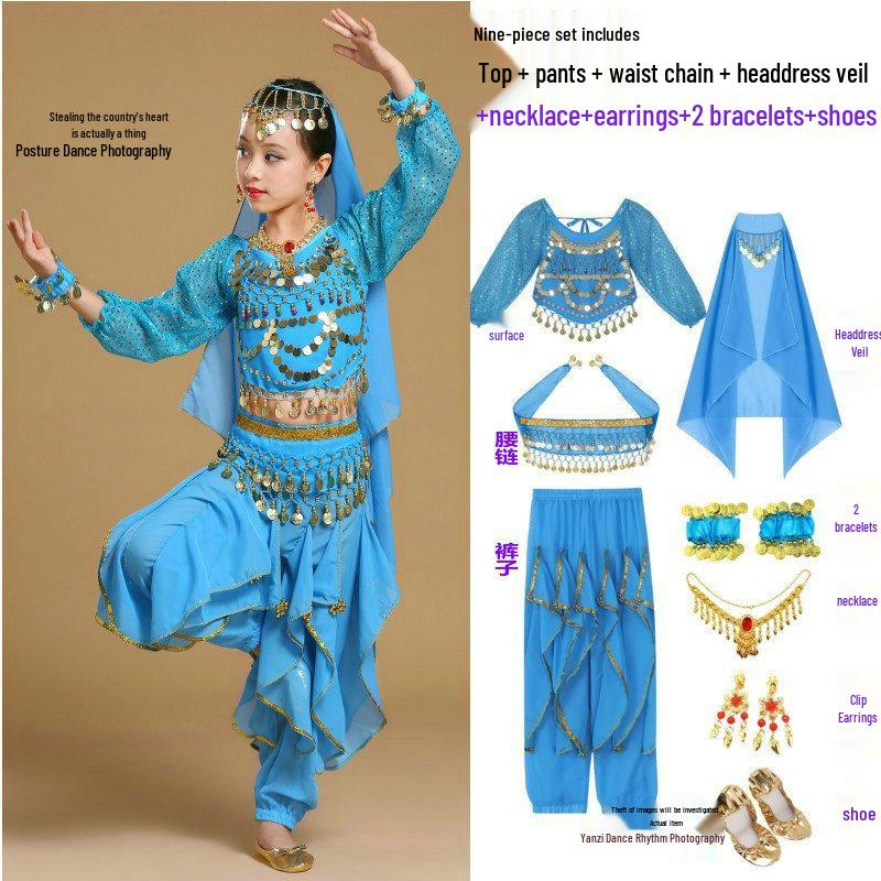 Costume da Danza Indiana per Bambini: Costume per Esibizione di Danza del Ventre e Minoranze dello Xinjiang per Bambina