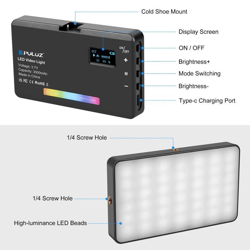 Rechargeable LED RGB Camera Video Light Full Color 2500K-9000K Dimmable Light for Portrait Product Photography Shooting