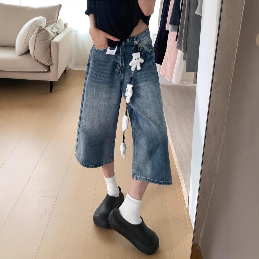 Spring and Summer Women's Three-quarter Denim Shorts Thin High Waist Loose Slim Wide Leg Pants
