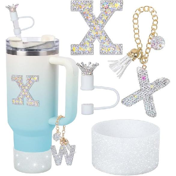 Letter Charms for Stanley Cup Handle,Silicone Boot Accessories Charms for Stanley Cup 40oz 30oz,Crown Straw Cover Topper & Diamond Sticker (M) X