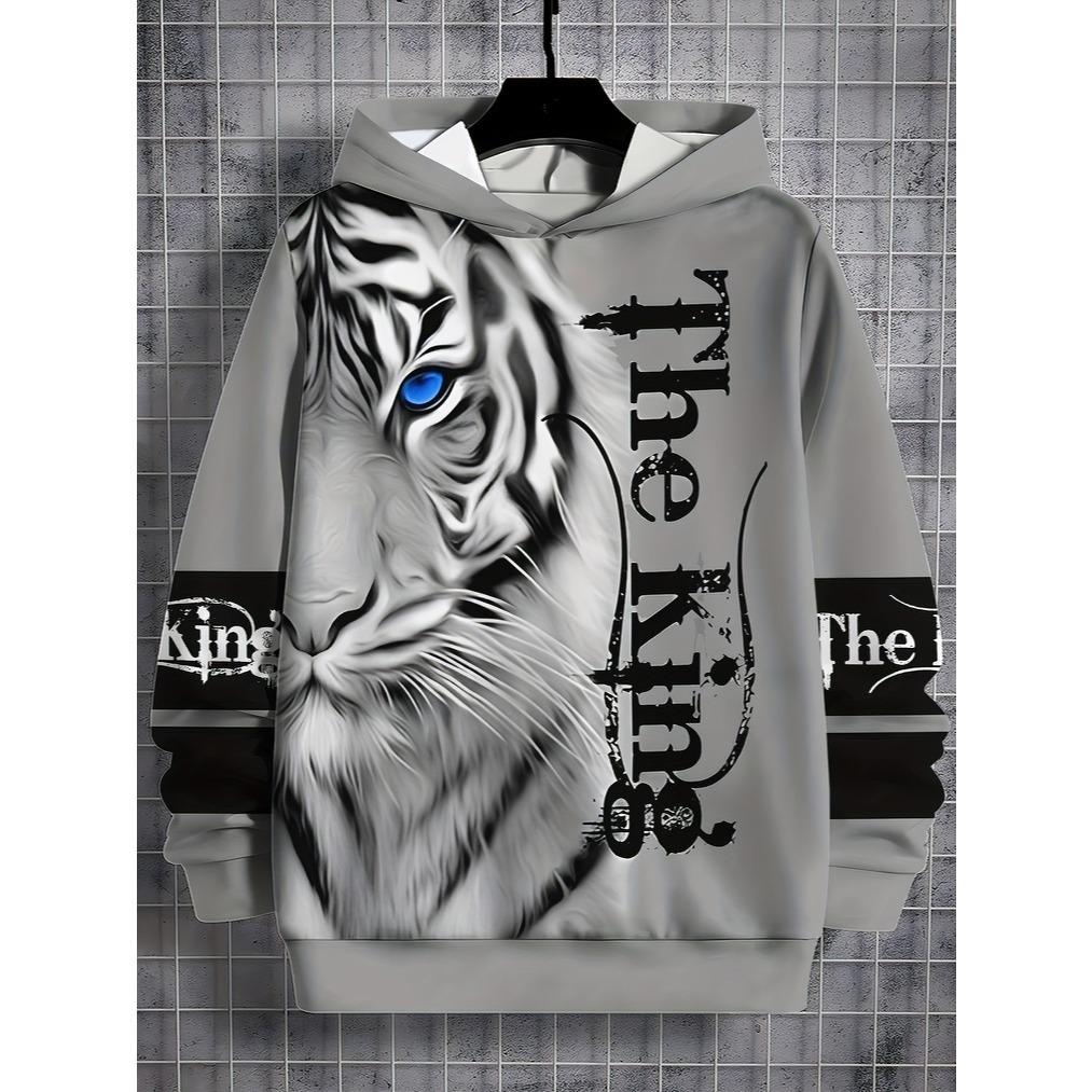 Fashionable 3D printed casual long sleeved hooded sweatshirt, easy and comfortable for outdoor wear by lion, tiger