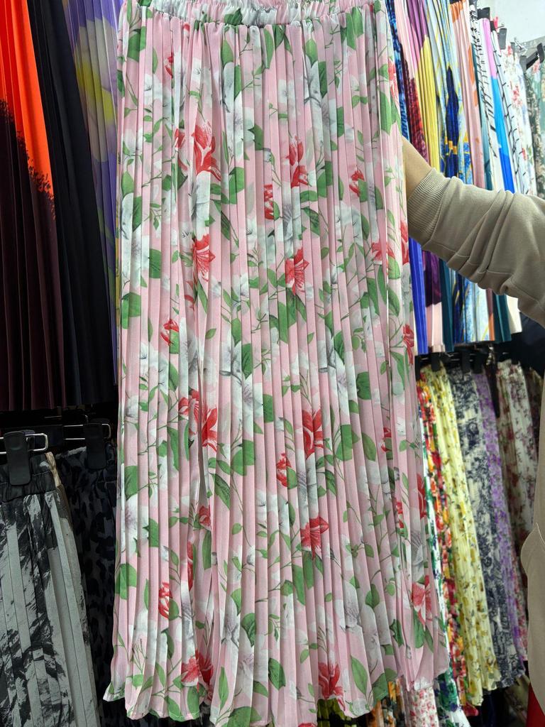 European & American Pleated Print Midi Skirt, Soft Chiffon Fabric, High Waist, Versatile Style