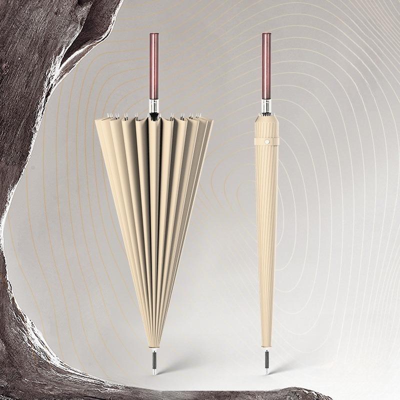 24 Bone Fiber Lotus Bone Wooden Handle Umbrella Men's High-grade Business Thickened Strong Straight Long Handle Umbrella