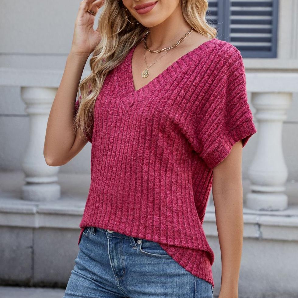 

Весенняя женская свободная повседневная однотонная футболка с V-образным вырезом, рубашка с короткими рукавами XXL бордовый