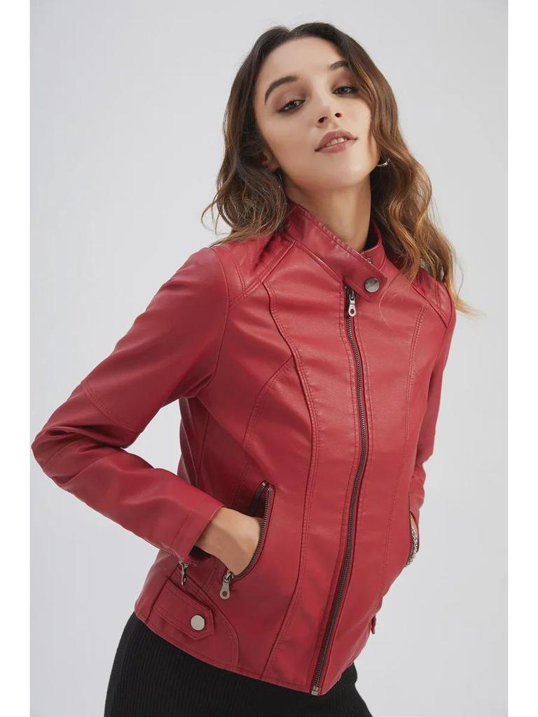 Europäische Damen Lederjacken: Schmale Passform, dünne Frühlings-/Herbstmäntel, Motorrad-Stil, großer Stehkragen.