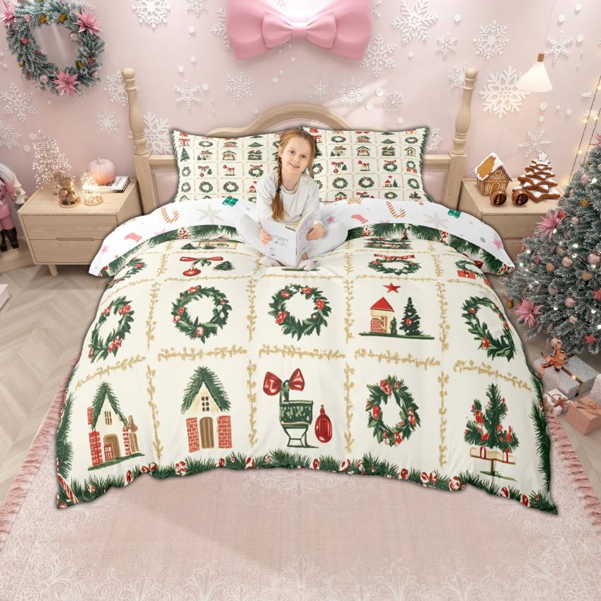 Homewish Christmas Tree Duvet Cover Set for Children, Xmas Gingerbread Bedding Set, Santa Claus Comforter Cover Set